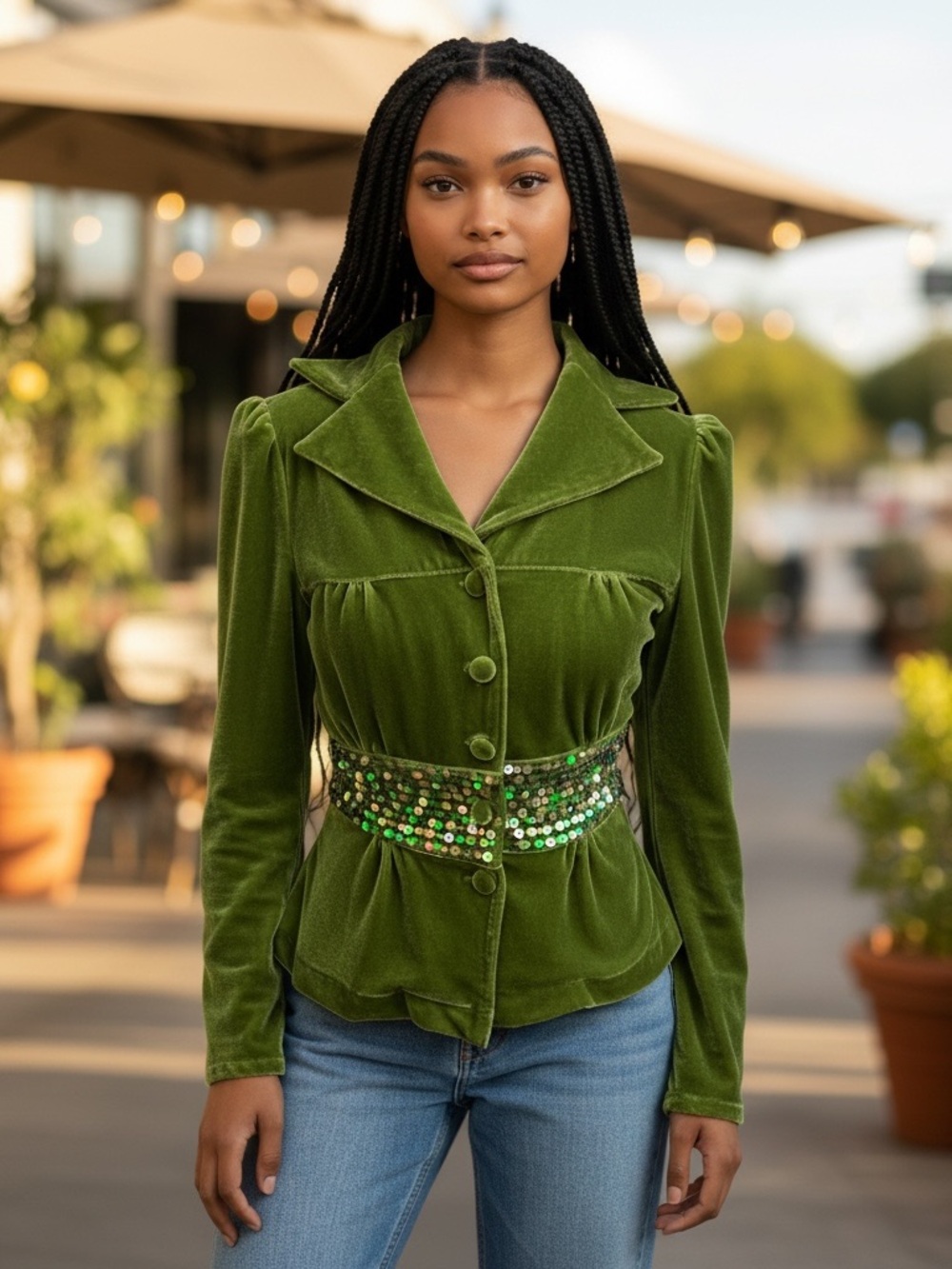 Wa Zoo Vintage 100% Velvet Peplum Jacket Sequin Waist Green Size Small Boutique